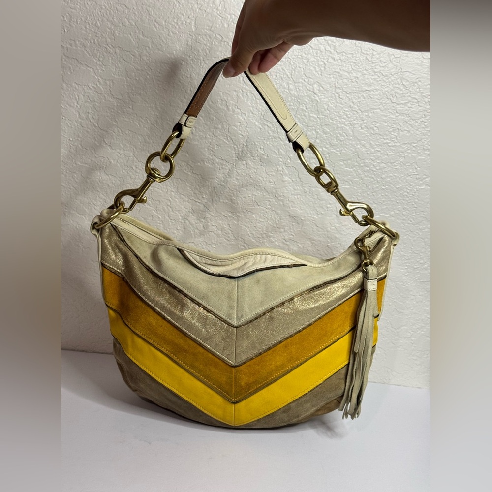 Coach Y2K Chevron Patterned Suede Leather Yellow Gold Cream Hobo Shoulder Bag